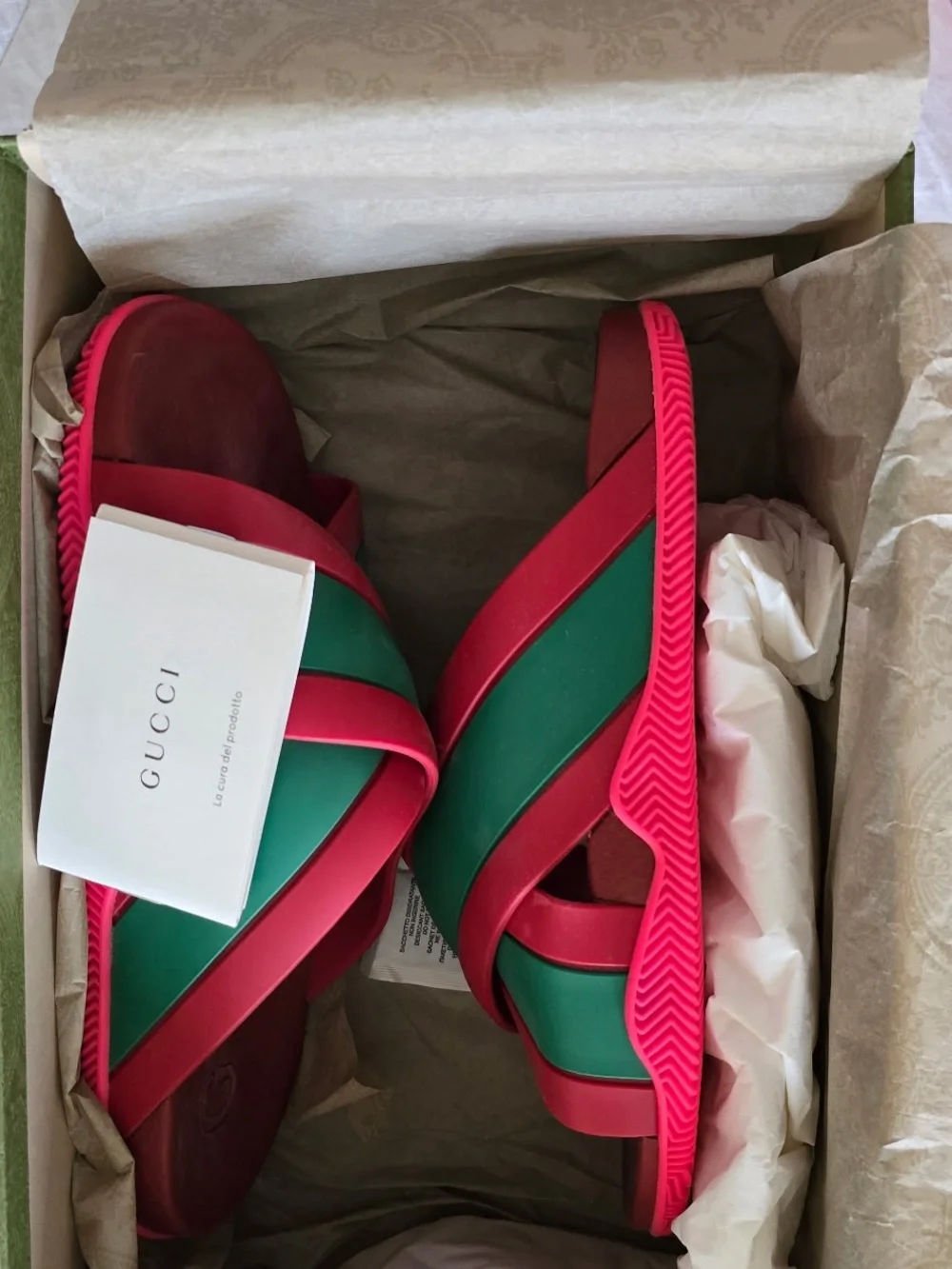Gucci Green & Pink Crisscross Slide Sandals